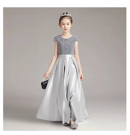 Mädchen-Klavierkleid, graues Pailletten-langes Performance-Kleid, Prinzessinnenkleid, Kinder-Host-Show-Performance-Kleid, Sommer