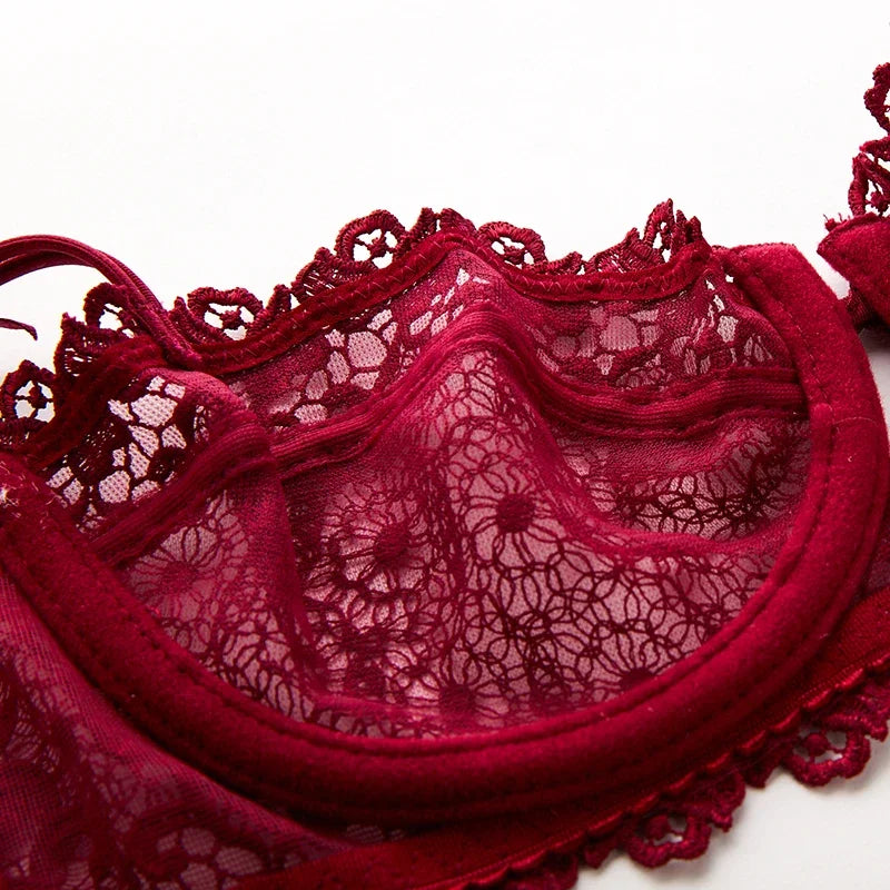 Plus Size Sexy Half Cup Lace Bra Sheer Mesh Unlined Bralette for Women A D Cup, Invisible Push Up Underwire Lingerie Set.