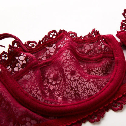 Plus Size Sexy Half Cup Lace Bra Sheer Mesh Unlined Bralette for Women A D Cup, Invisible Push Up Underwire Lingerie Set.