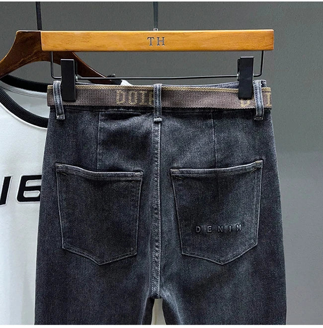 Tapered Jeans for Men's Clothing Autumn New Fashion Embroidered Korean Harem Pants Casual Stretch Black Denim Trousers.