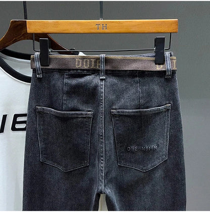 Tapered Jeans for Men's Clothing Autumn New Fashion Embroidered Korean Harem Pants Casual Stretch Black Denim Trousers.