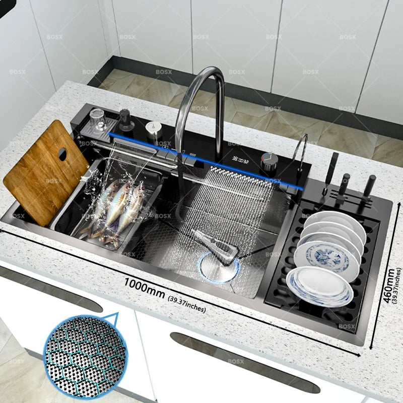 Wasserfall-Edelstahl-Küchenspüle, multifunktionale Digitalanzeige, Wasserhahn, Waschbecken und Gemüsebecken, großer Einzelschlitz
