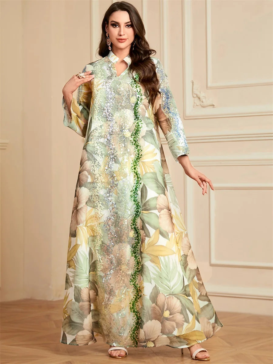 Siskakia Ramadan Dubai Floral Print Long Dress Sequins Patchwork Abayas Mesh Kebaya For Muslim Women's Casual Loose Clothing.