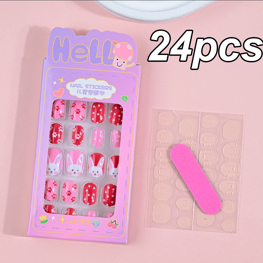 120pcs/box Pink Cartoon Children Press On Nails Candy Color Unicorn Cat Bunny Kids Full Cover False Nail Girls Party Nail Decora