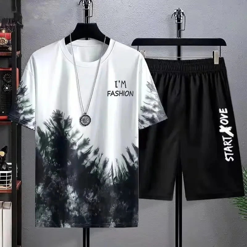 Cool Ice Silk Short Sleeve And Shorts Sports Set for Men Summer 2025 New Style Trendy Teenagers Casual Fashion Outfit.