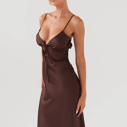 Combhasaki Damen-Kleid, elegant, einfarbig, verstellbar, dünn, Schultergurte, Ausschnitt, zum Binden vorne, rückenfrei, Sommer, langes Cami, seidiges Kleid