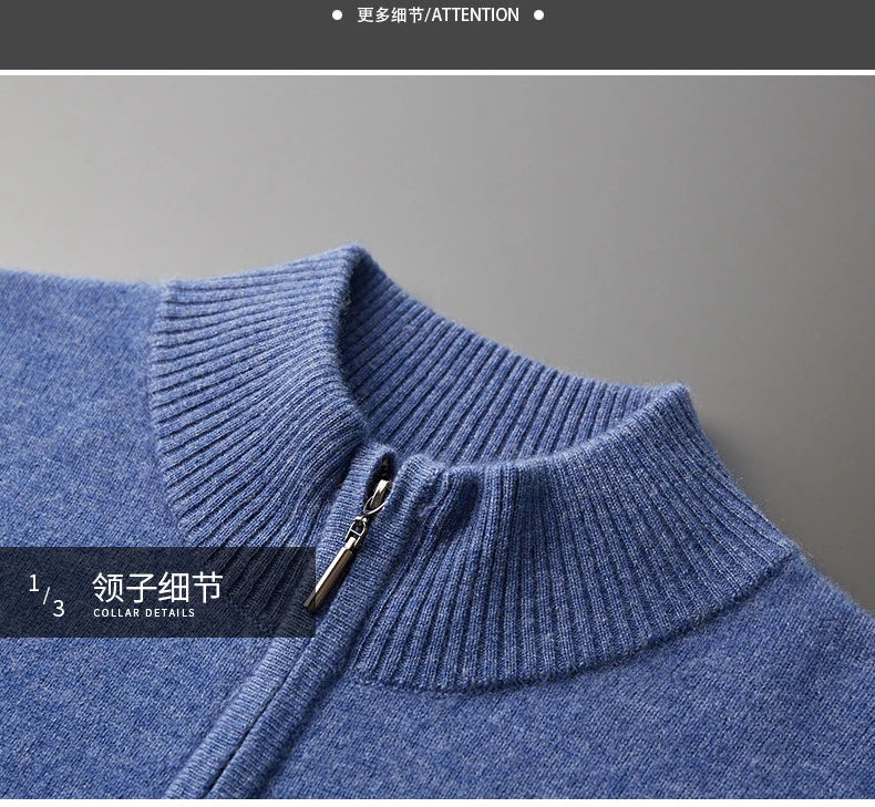 New Half Turtleneck Zipper Men's Pullover 100% Cashmere Sweater Solid Color Casual Versatile Wool Sweater Men's Clothing.