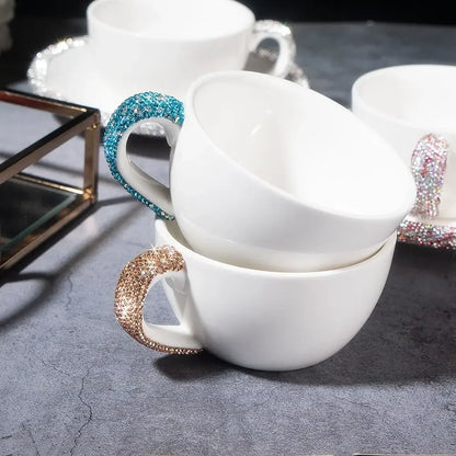 1 Set 210ml Cappuccino Coffee Cup Set Sparkling Rhinestone Ceramic Mugs With Saucer  Afternoon Tea Cup Dessert Plate Tablewar.