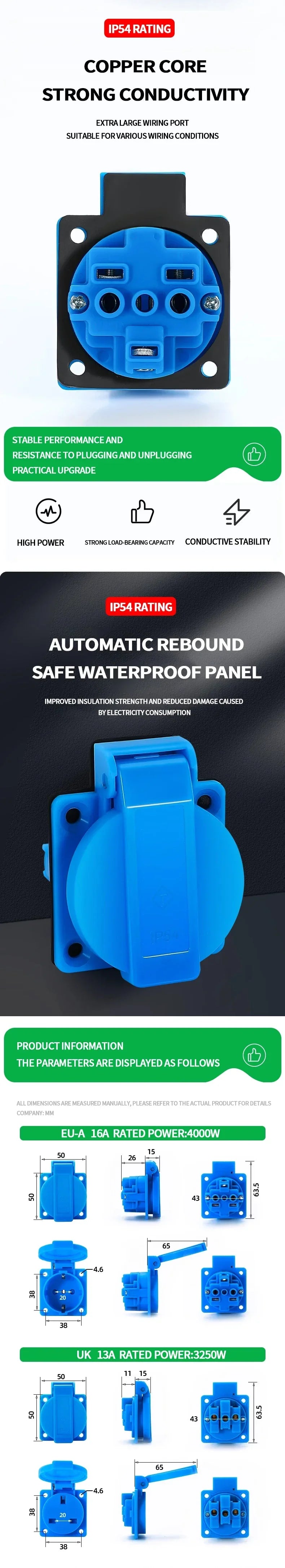 250V/16A Steckdosen IP54 Wasserdichter Industrieanschluss Panelmontage Außensteckdose 2Pin Adapter UK/EU/BR/Französisch/Deutsch.