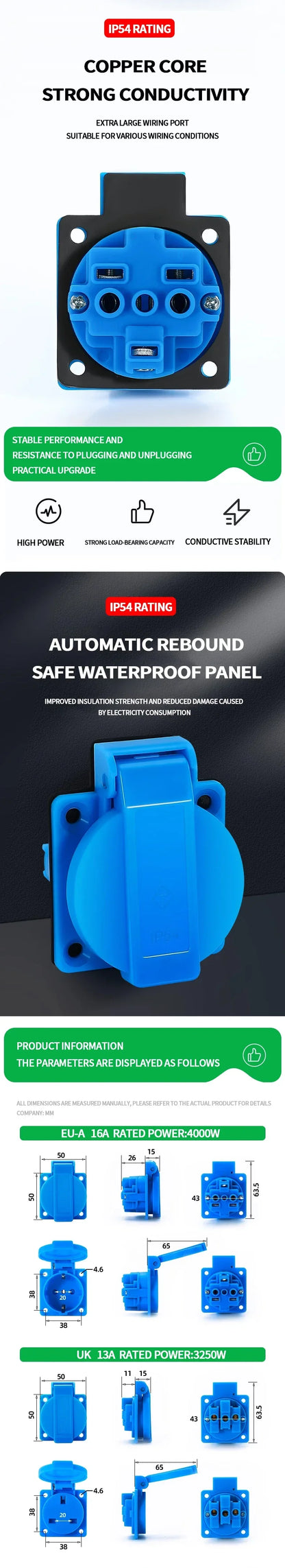 250V/16A Steckdosen IP54 Wasserdichter Industrieanschluss Panelmontage Außensteckdose 2Pin Adapter UK/EU/BR/Französisch/Deutsch.