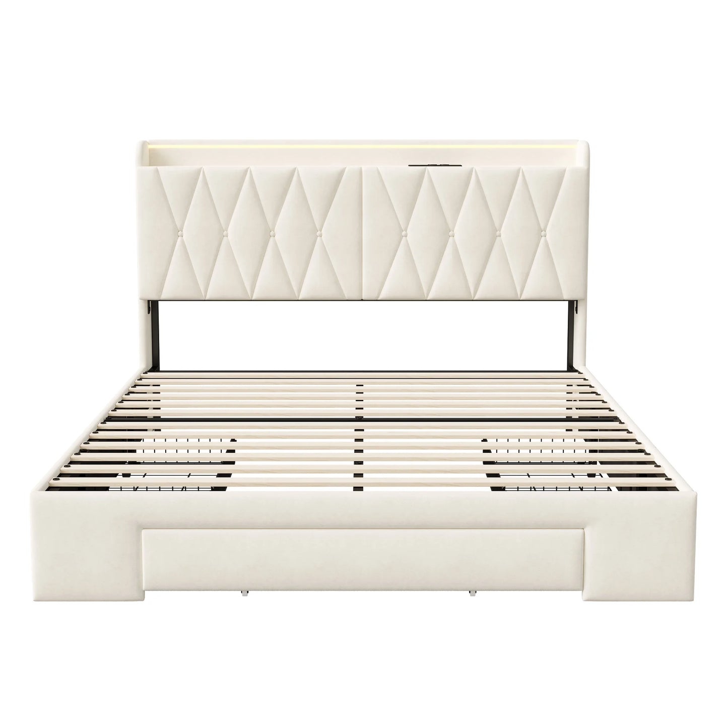Lazyspace 140 x 200 cm großes Doppelbett mit Kopfteil, gepolstertes Bett mit 3 Schubladen, LED-Beleuchtung, USB Typ C, Samt, Beige, keine Matratze