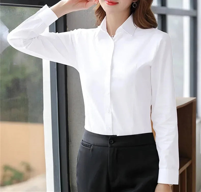 Elegant Women Shirts Woman White Shirt Long Sleeve Blouse Office Lady business Pink Shirts Button Solid Women work Blouses Tops.