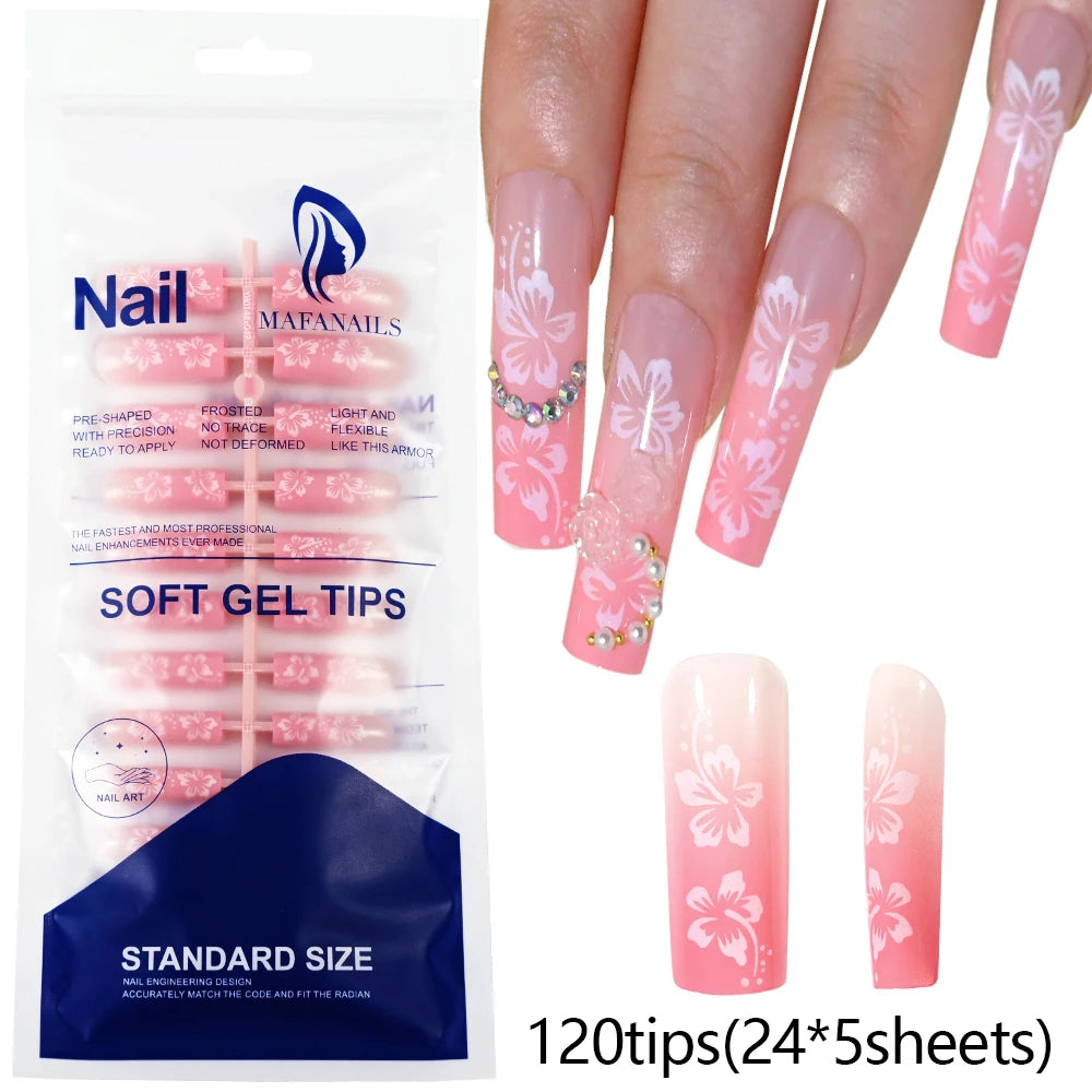 120Pcs=24*5 French Short Square Coffin False Nail White Pink Simple Wearable Fake Nails Glossy Full Cover Press on Nail Tips Art
