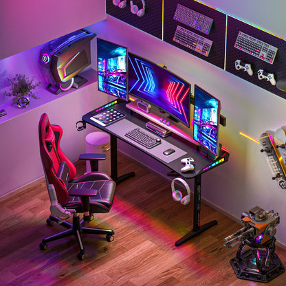 Höhen verstellbarer Gaming-Schreibtisch Stehpult, großer Gaming-Computer-Schreibtisch mit RGB-LED-Leuchten für Spiele und Home Office, schwarz