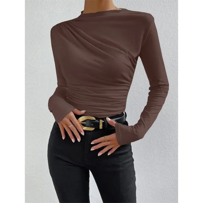 Slim Fit Long Sleeve Women's T-shirt Pure Color Design Pleated Detail Base Shirt Ladies Top Quality Material Comfortable Wear