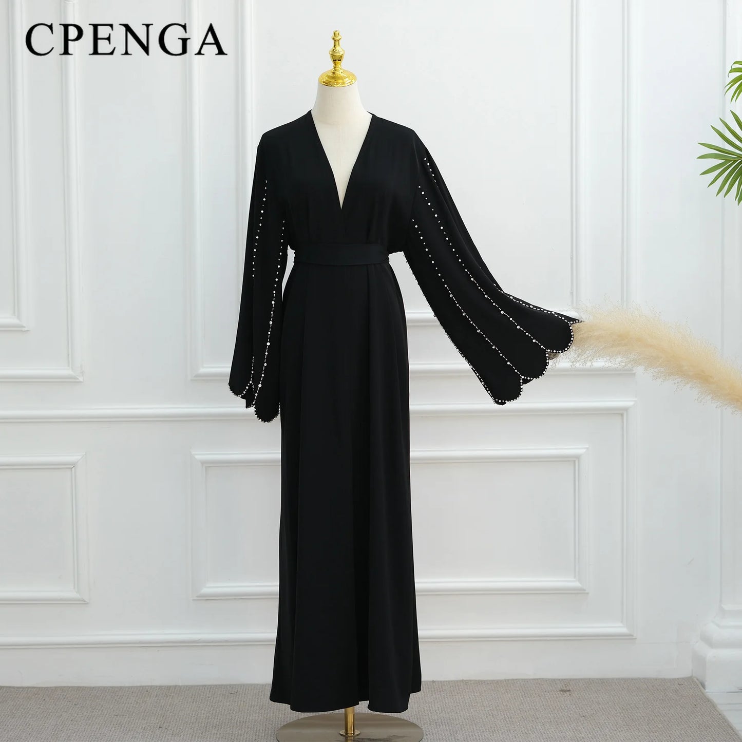 Middle Eastern Modest Dress with Pearl Sleeve for Muslim Women Ramadan Dubai Black Abaya Islam Party Jalabiya Outfit Turkey Robe.