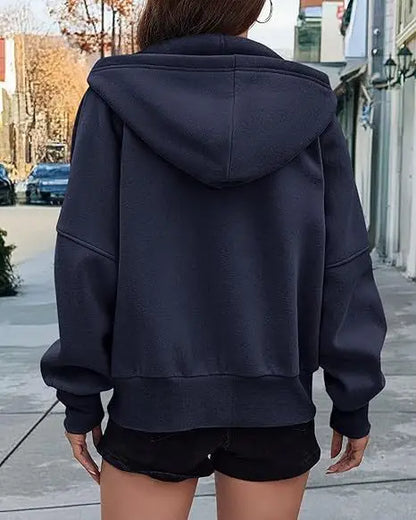 New Solid Color Zipper Splicing Hooded Coat, Women's Autumn Leisure Loose Sports Hooded Long Sleeve Coat Sweatshirt.