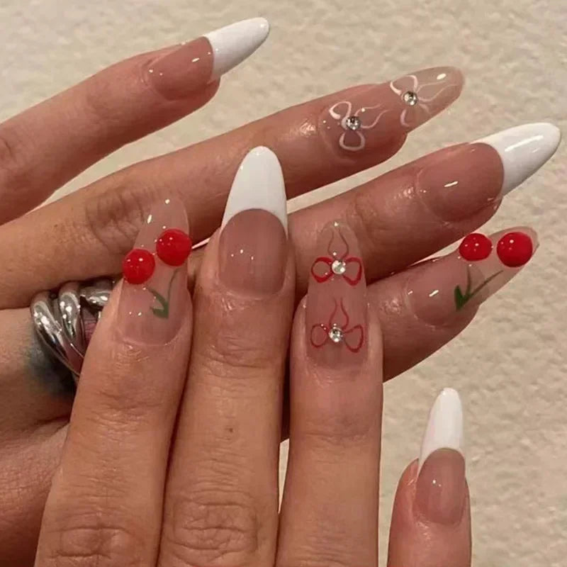 White Glitter Powder Bowknot Long Pointed Fake Nails Art Ballet False Nail Cow Print Pearl Rhinestone Pink Almond Press on Nails