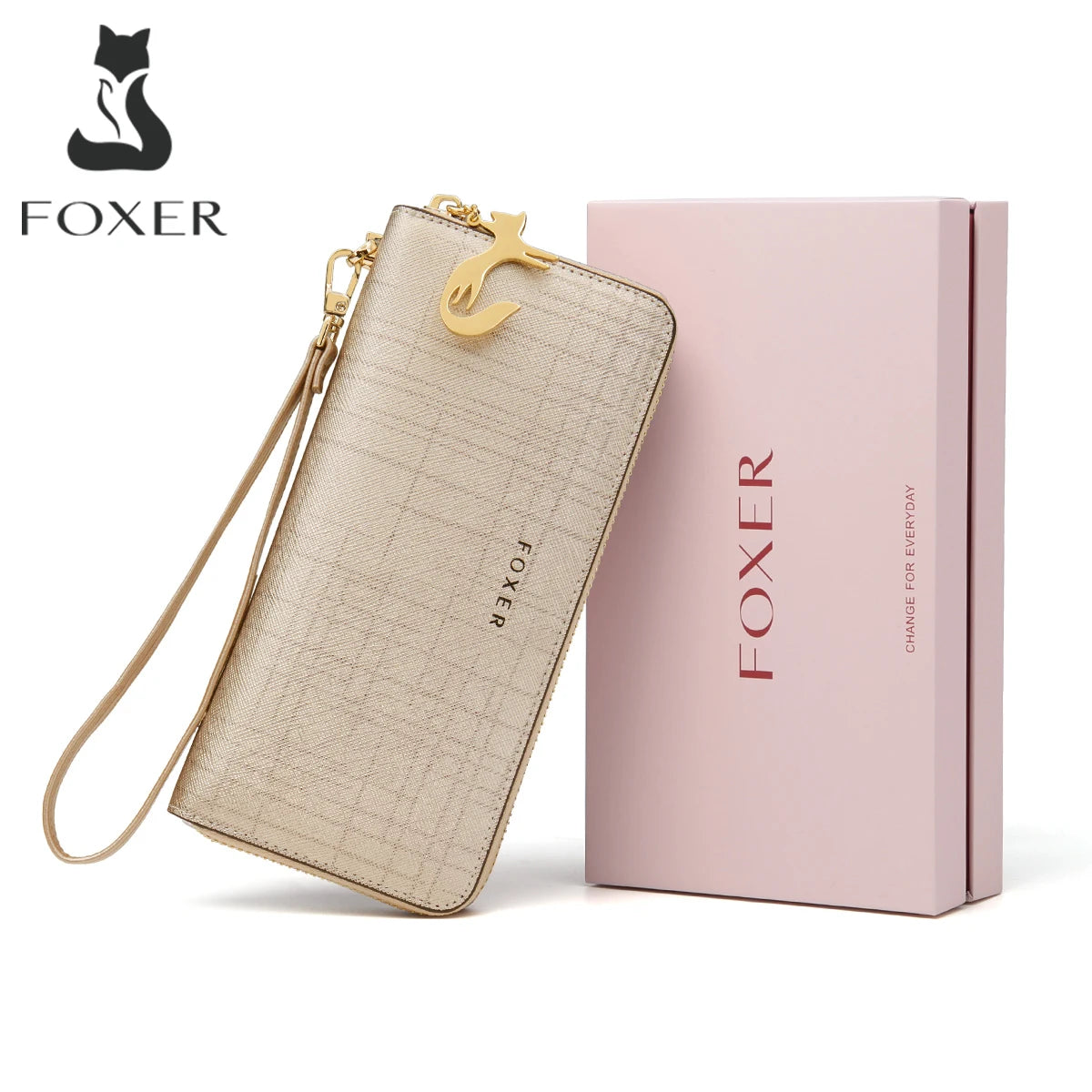 FOXER Women Split Leather Wallet Bifold Clutch Bag with Wristlet Fashion Card Holder Coin Purse Cellphone Bag Female Money Bag.