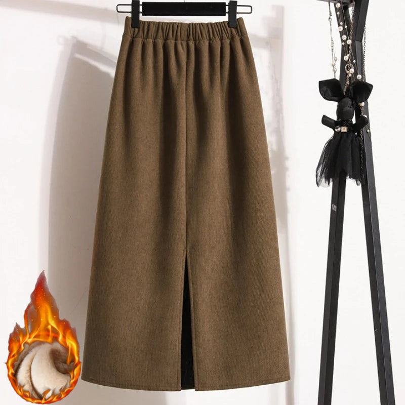 2025 Autumn Winter Plus Size Skirts Women High Waist Solid A-line Skirt Back Slit Korean Thick Elegant Fleece-lined Style Skirts.