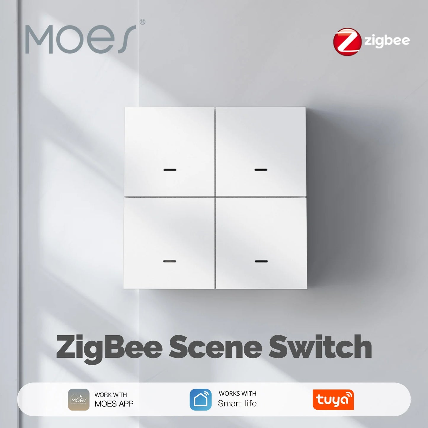 MOES ZigBee Szenenschalter, 4-fach, kabellos, 12 Drucktasten, Tuya-Controller, Automatisierungsszenario, batteriebetrieben, funktioniert mit Smart Life.