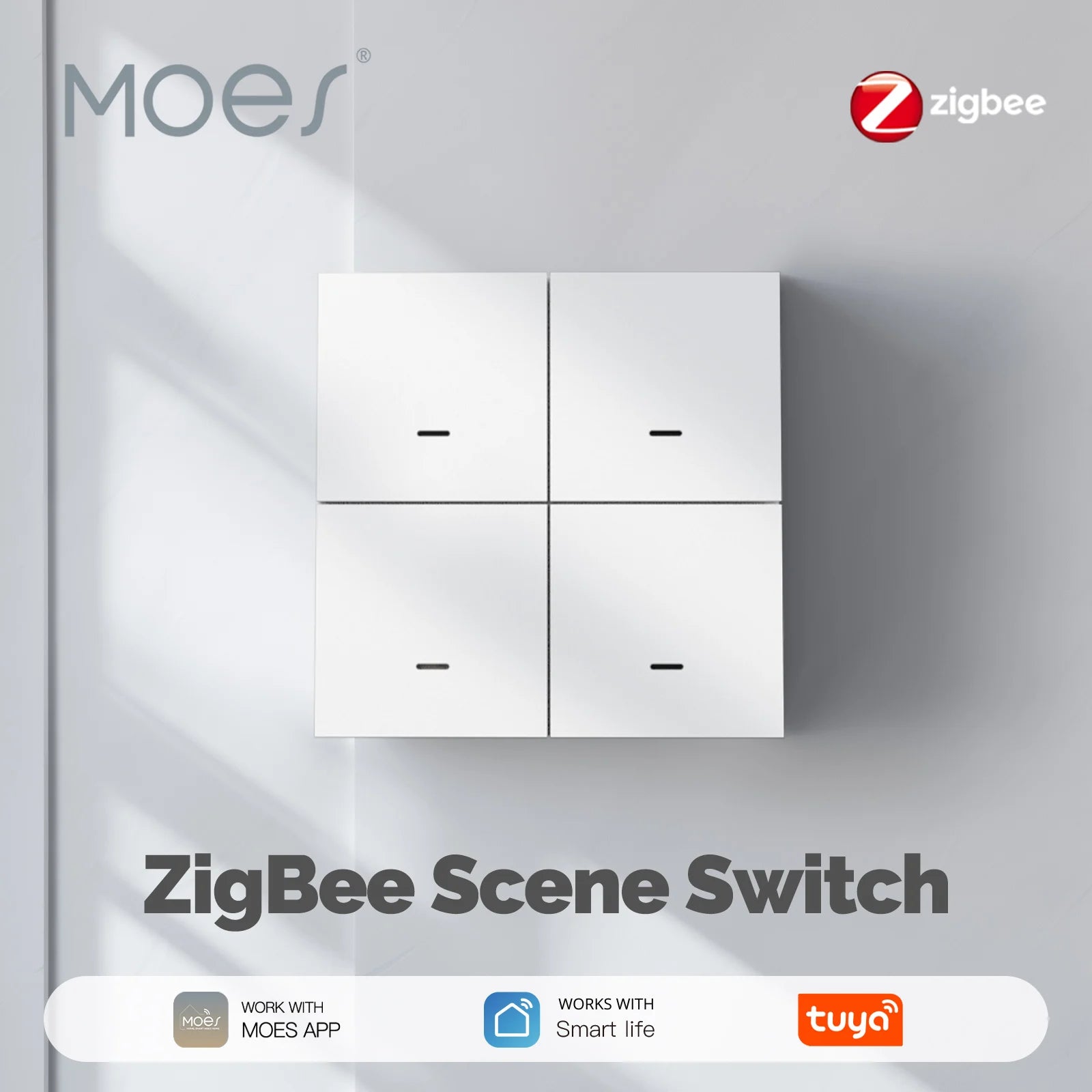 MOES ZigBee Szenenschalter, 4-fach, kabellos, 12 Drucktasten, Tuya-Controller, Automatisierungsszenario, batteriebetrieben, funktioniert mit Smart Life.