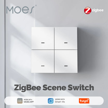 MOES ZigBee Szenenschalter, 4-fach, kabellos, 12 Drucktasten, Tuya-Controller, Automatisierungsszenario, batteriebetrieben, funktioniert mit Smart Life.