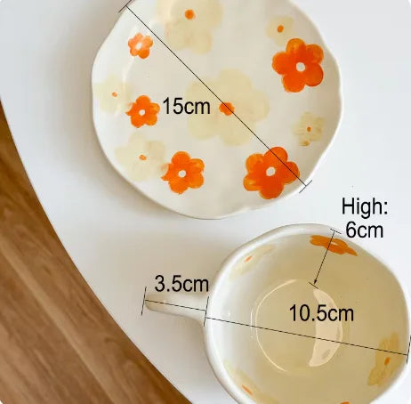 Flower Pattern Ceramic Cup Korean Style Saucer Set Hand Pinched Irregular Coffee Milk Cup Afternoon Tea Tableware Gifts for Home.