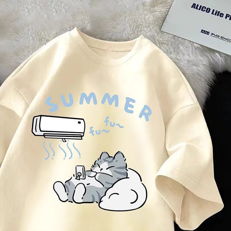 Summer Japanese Cartoon Cute Cat Fun Print Short Sleeve T-shirt Women's Loose Casual Half Sleeve Soft Bottom Plus Size Shirt Top.