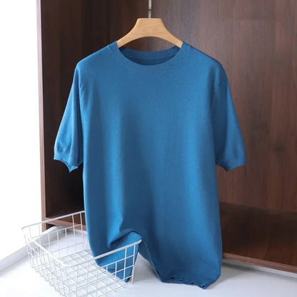 2025 Superfine Merino Wool T Shirt Men's Knitted O-neck Breathable Thin Cashmer Short Sleeve Tee Solid Color Tops.