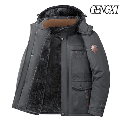 New Autumn/Winter Men's Fleece-Lined Thickened Cotton Coat Casual Vintage Workwear Jacket with Detachable Hood Multiple Pockets.