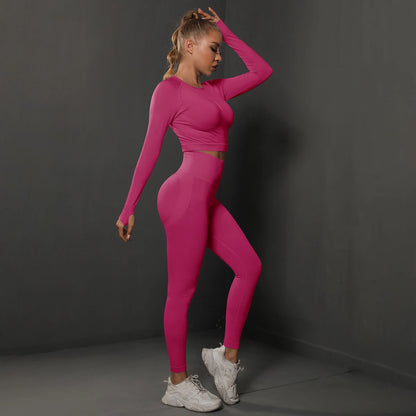 2Pcs Women Sets Energy Seamless Gym Suits Bubble Butt Sports Pants+Long Sleeve Shirts Push Up Running Sets Tracksuits Tights Set.