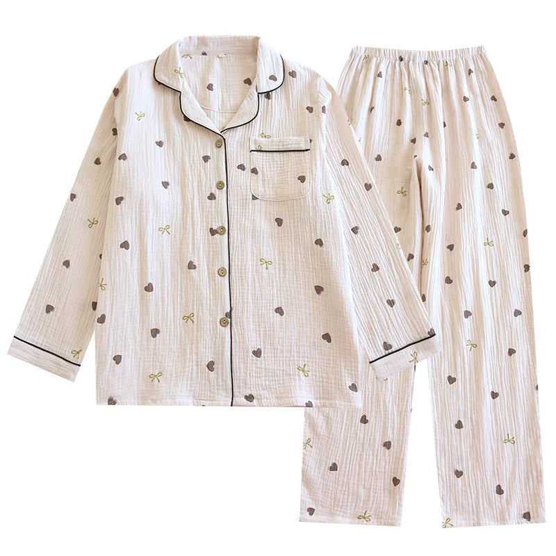 2025 neue Frühjahr/Sommer frauen Pyjama Set 100% Baumwolle Crepe Nette Liebe Langarm Lange Hosen Zwei Stück set Strickjacke Hause Kleidung