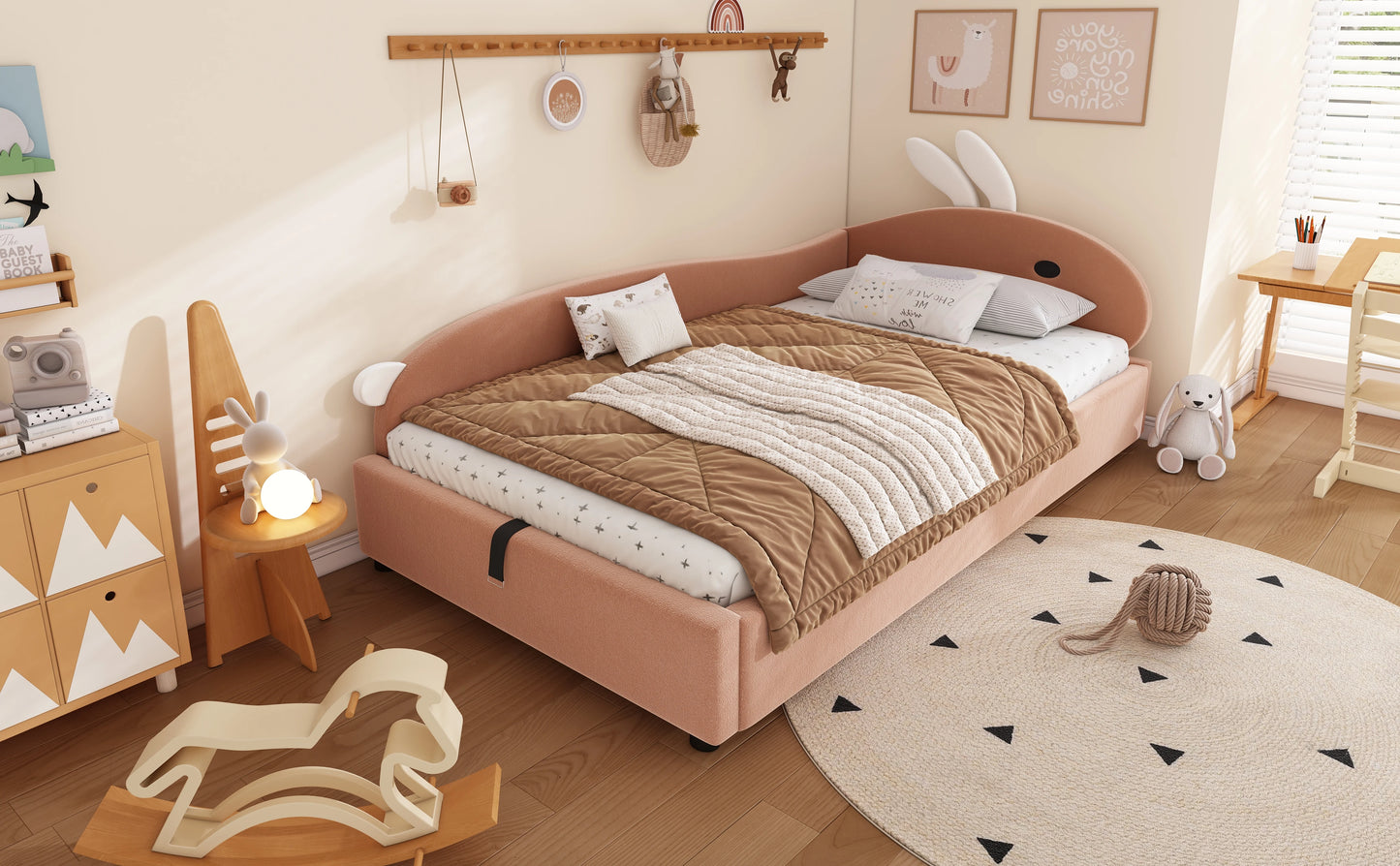 Polsterbett, Einzelbett, Babybett, niedlicher Hasenkopf, hydraulisches Bett mit Stauraum, erhöhter weicher Zaun, Samt, rosa + weiß, 90 x 200 cm