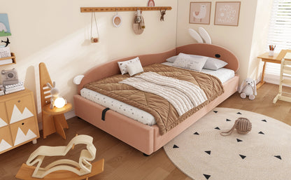 Polsterbett, Einzelbett, Babybett, niedlicher Hasenkopf, hydraulisches Bett mit Stauraum, erhöhter weicher Zaun, Samt, rosa + weiß, 90 x 200 cm
