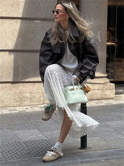 Tossy Fashion Summer Lace Long Skirt Women See-Through Slim High Waist Hollow Out Patchwork Elegant Commute Female Maxi Skirt