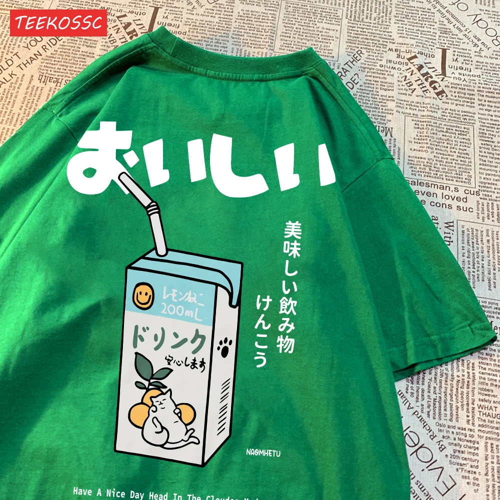 Cute Japanese Cat Print Oversized T-shirt Women Men Short Sleeve Loose Casual Tee Shirt Streetwear Tops Cotton Harajuku Clothing