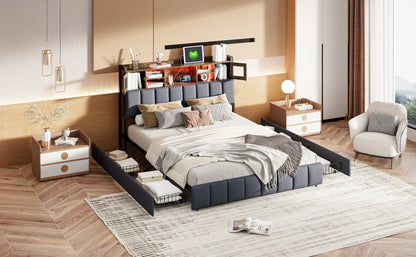 Rosahqnda Doppelbettgestell 140–160 x 200 cm mit LED, USB und Schubladen, gepolstertes Jugendbett, Wohnungsbett, Gästezimmer, Leinen, Grau