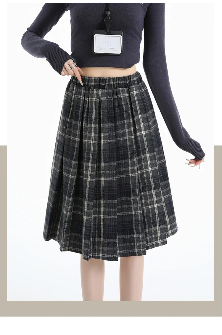 Preppy Style Woolen Pleated Plaid Skirt Women Fall Winter Retro Elastic High Waist Skirts Female Japanese A Line Faldas 2025 New.