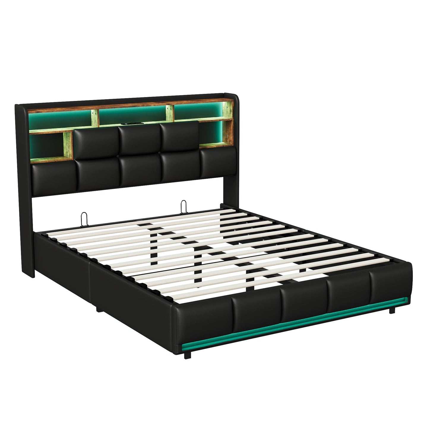 Lazyspace PU-Doppelbett, LED-Beleuchtung und hydraulischem Bettrahmen mit Stauraum, Wohnmöbel-Polsterbett, 140/160 x 200 cm