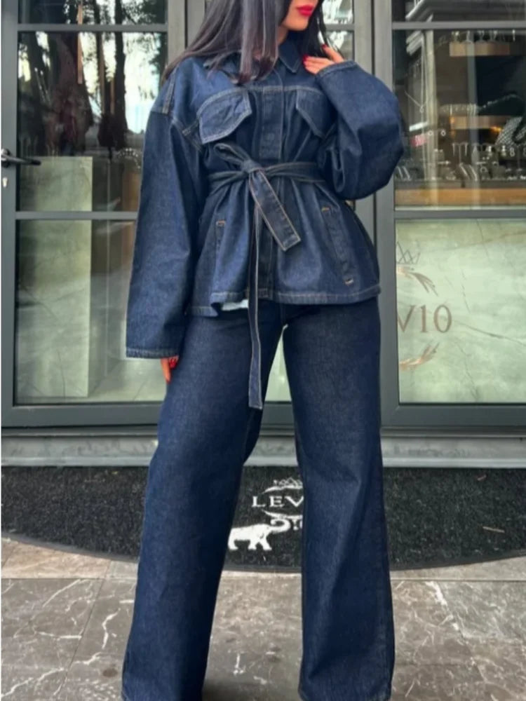 Retro Classic Denim Jacket Pants 2pcs Set Strap Coat Women Straight Leg Pants Autumn Stylish Women's Casual Suit