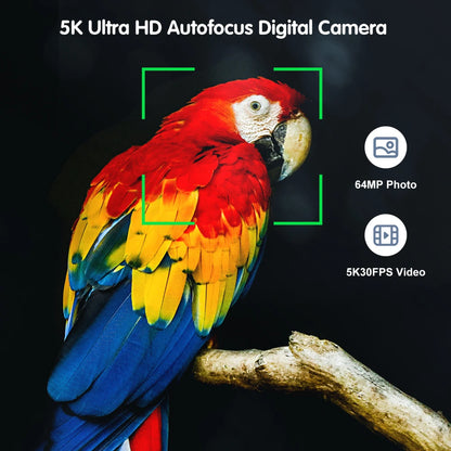 5K Digital Camera for Photography, 64MP Touch Screen Autofocus Vlogging Camera with Selfie Lens, 5X Optical Zoom, 64GB SD Card.