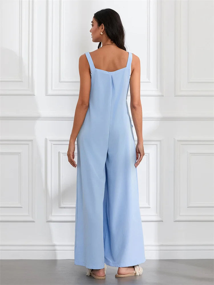 Women Fashion Jumpsuits Sleeveless Buttons Suspender Wide Leg Pant Overalls with Pockets Casual Loose Romper Streetwear.