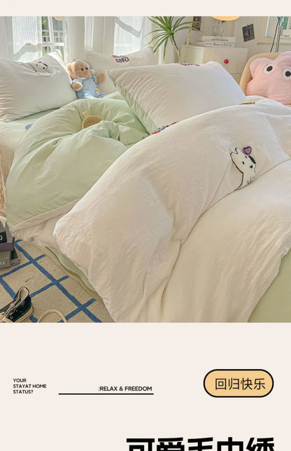 New washed cotton towel embroidery four-piece set animal paradise bed sheet bed hat home student dormitory three-piece set.