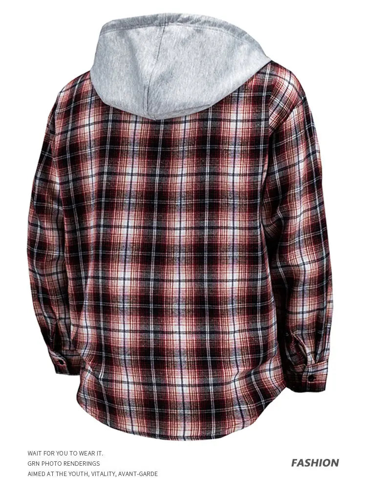 Hooded men's and women's wearable plaid shirts, Japanese shirt jackets for spring and fall, loose-fitting long-sleeve jackets..