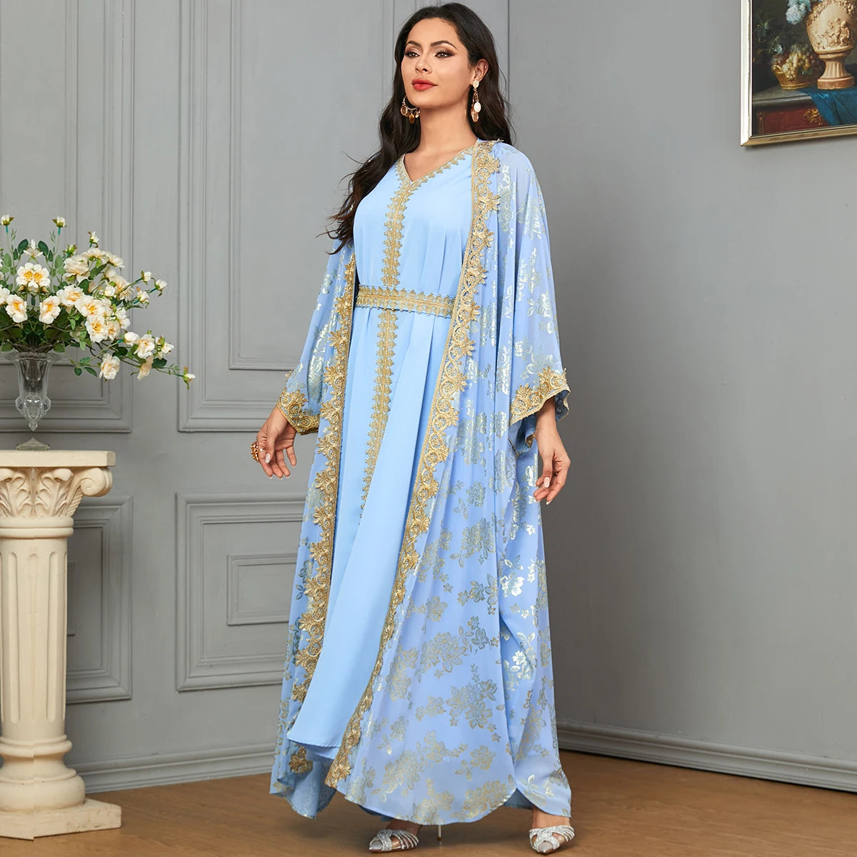 Eid Muslim Party Dress for Women Abaya with Inner Dress 2 Piece Set Jalabiya Ramadan Abayas Robe Caftan Vestidos Largos 2024