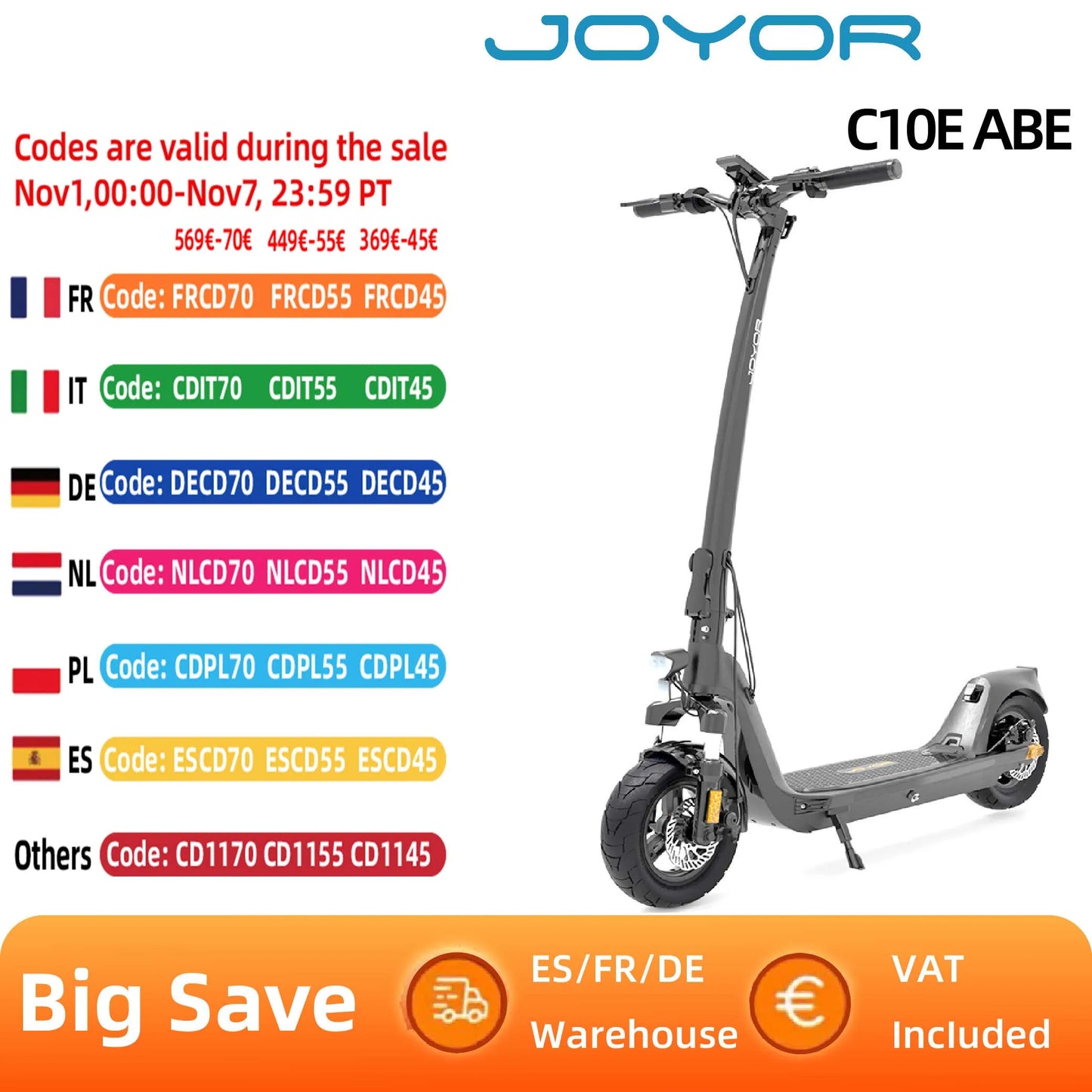 JOYOR C10E(ABE) Certification Electric Scooter  500W Motor Adult E-Scooter 10-inch Pneumatic Tire 48V10.4ah Battery E Scooter.