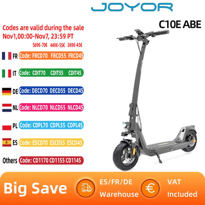 JOYOR C10E(ABE) Certification Electric Scooter  500W Motor Adult E-Scooter 10-inch Pneumatic Tire 48V10.4ah Battery E Scooter.