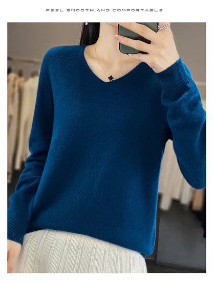 Women 100% Merino Wool Sweater V-Neck Basic Pullover Autumn Winter Cashmere Clothing Long Sleeve Soft Knitwear Tops Solid Color