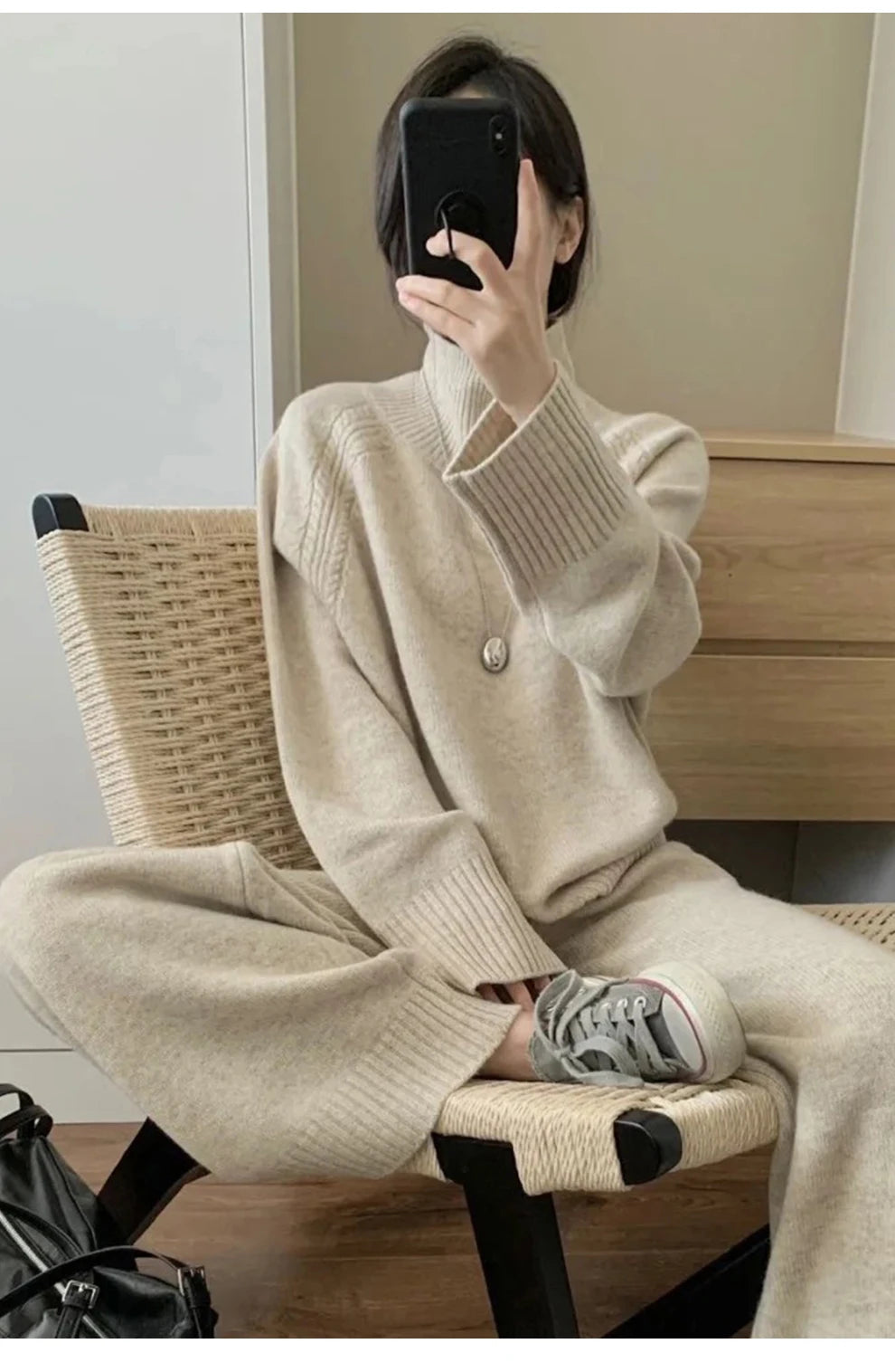 Zweiteiliger Anzug aus 100 % Merinowolle für Damen, O-Kragen-Pullover, Pullover, weites Bein, Hosen-Set, Herbst-Winter, lockere, bequeme Strickwaren